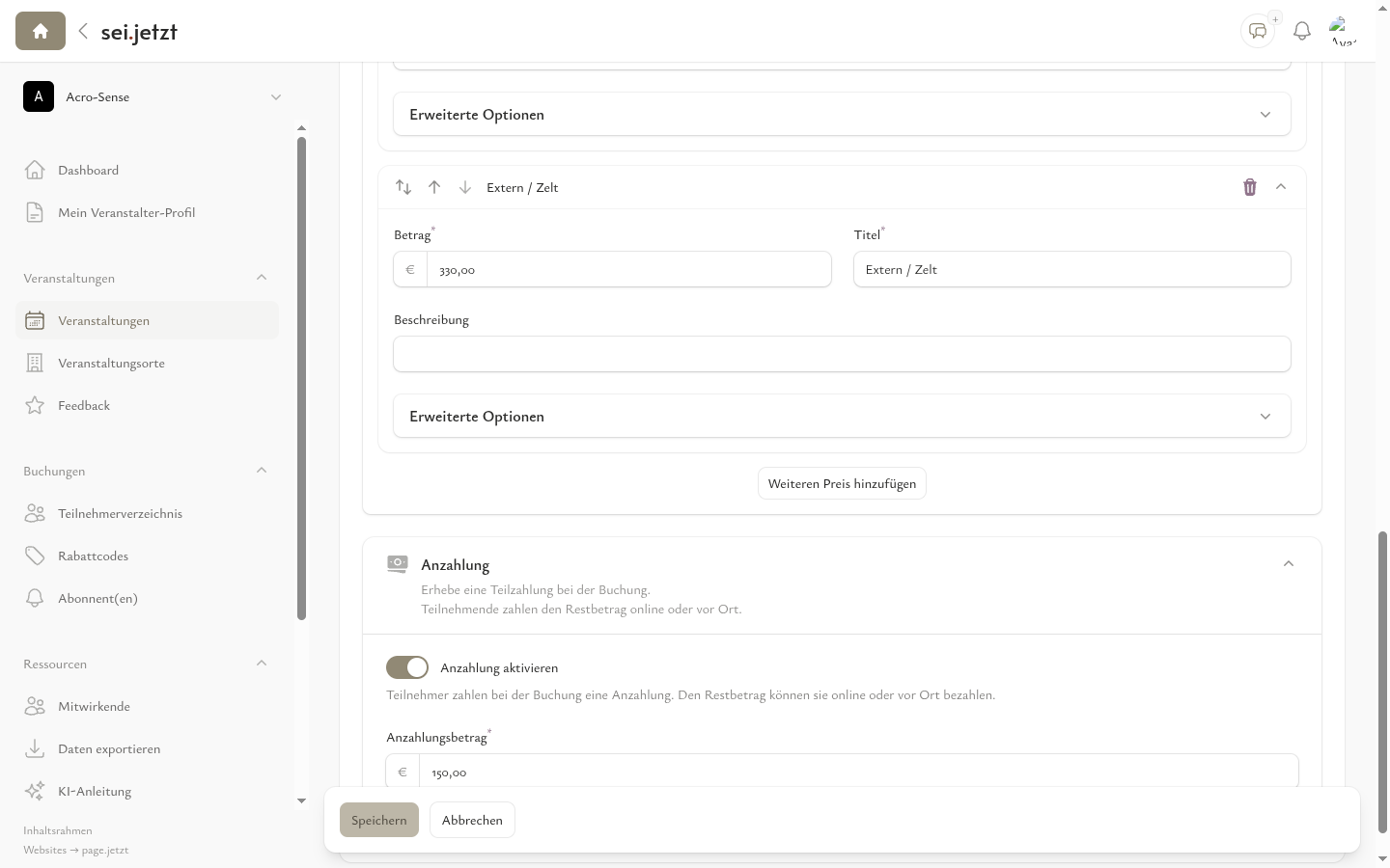 Einfach einrichten — pro Veranstaltung