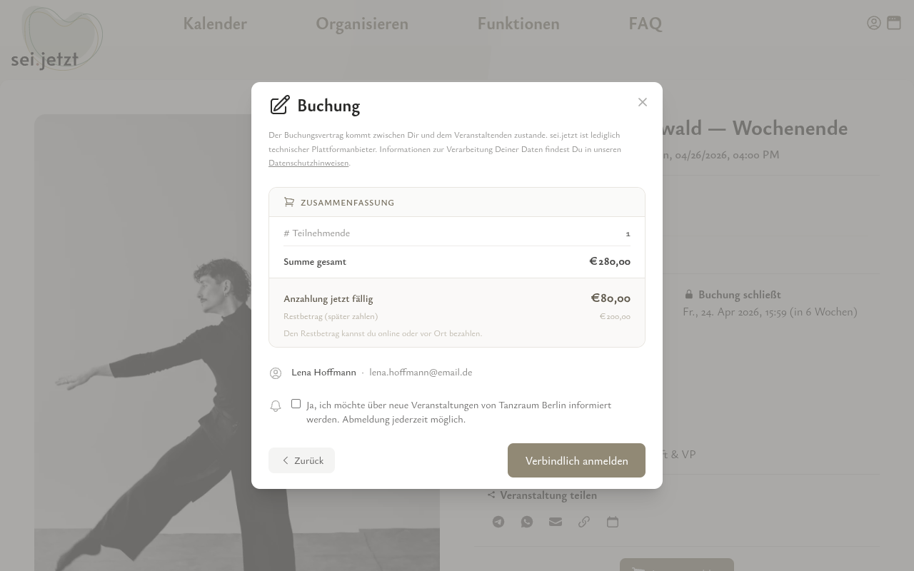 Buchungsübersicht mit Anzahlung