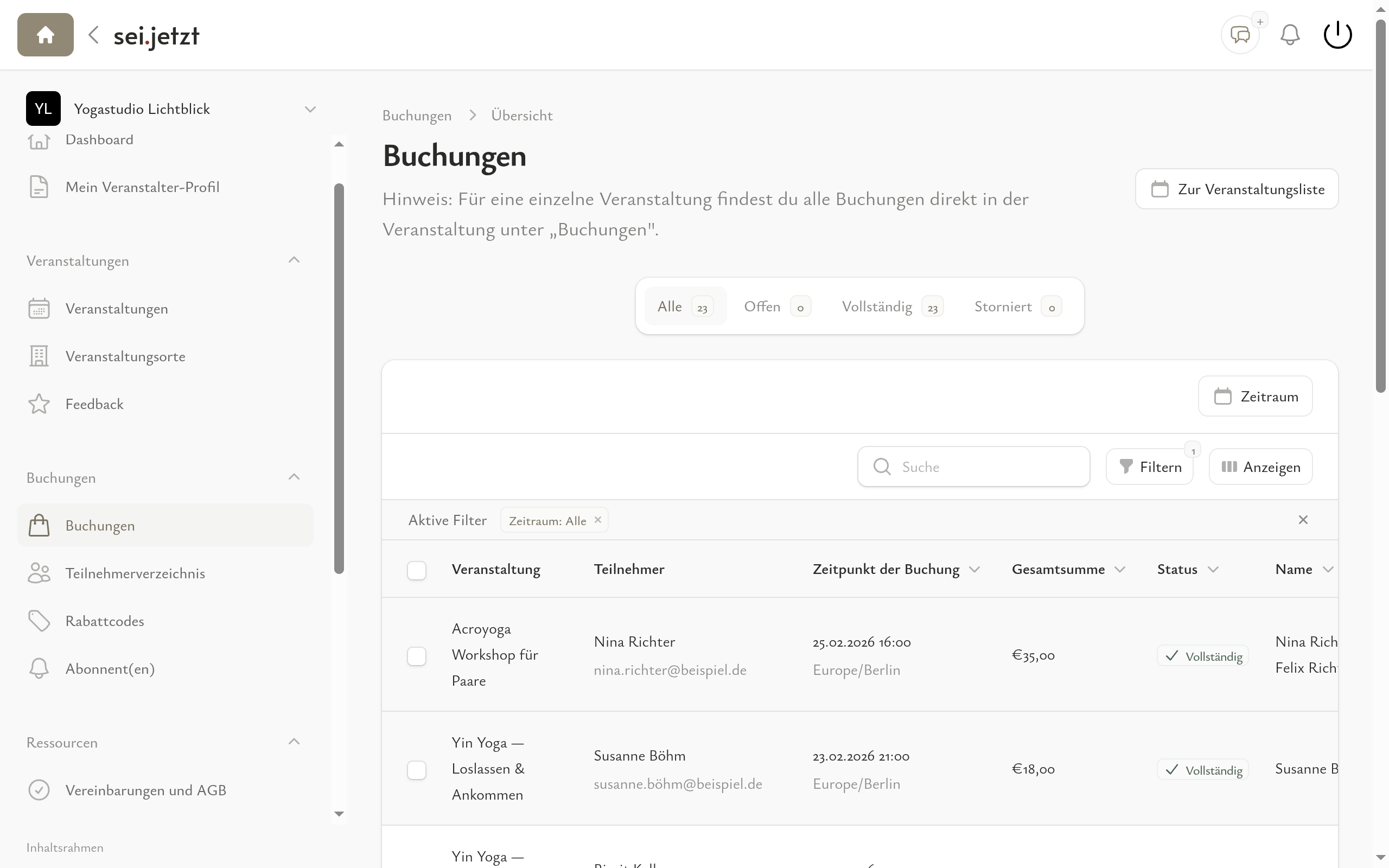 Alle Buchungen im Überblick