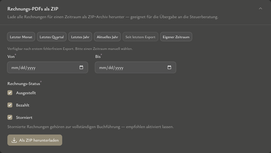 Rechnungs-PDFs als ZIP für die Belegablage
