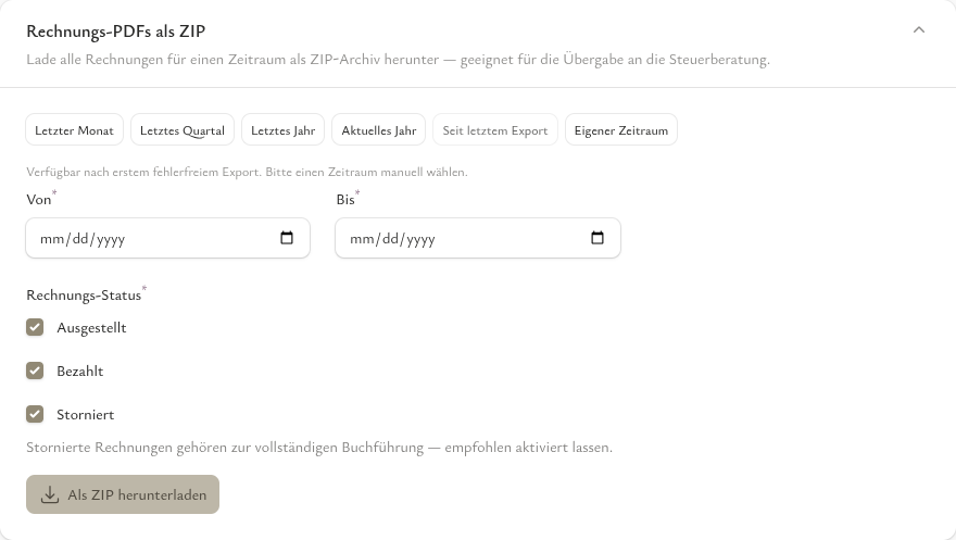 Rechnungs-PDFs als ZIP für die Belegablage