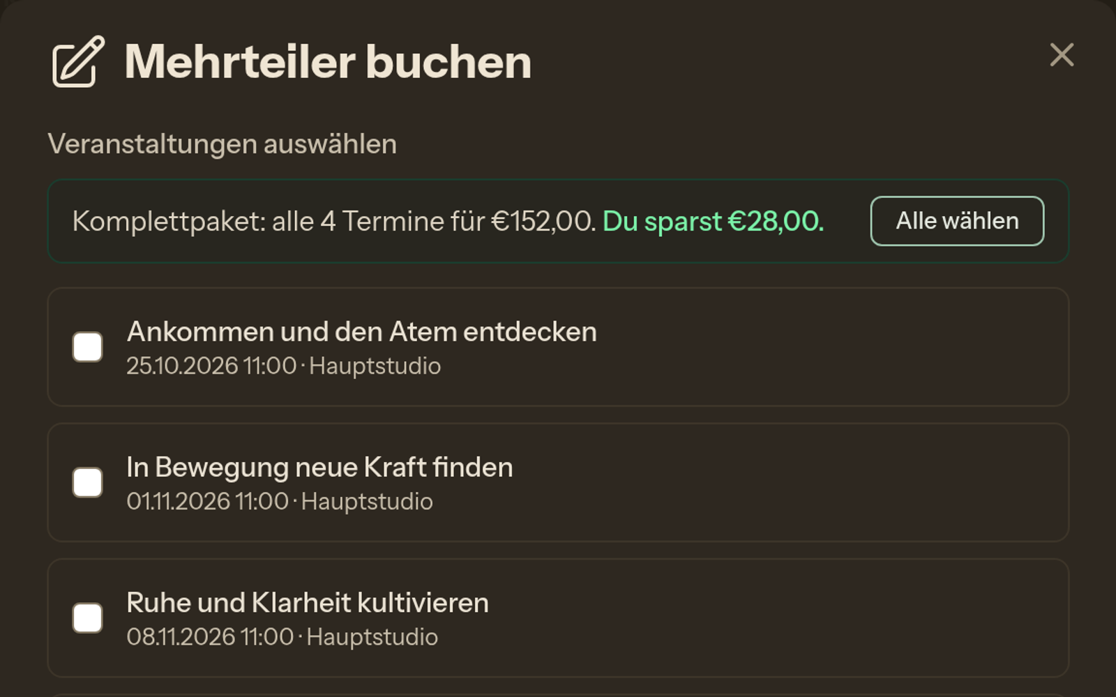 Mehrteiler buchen — Termine auswählen