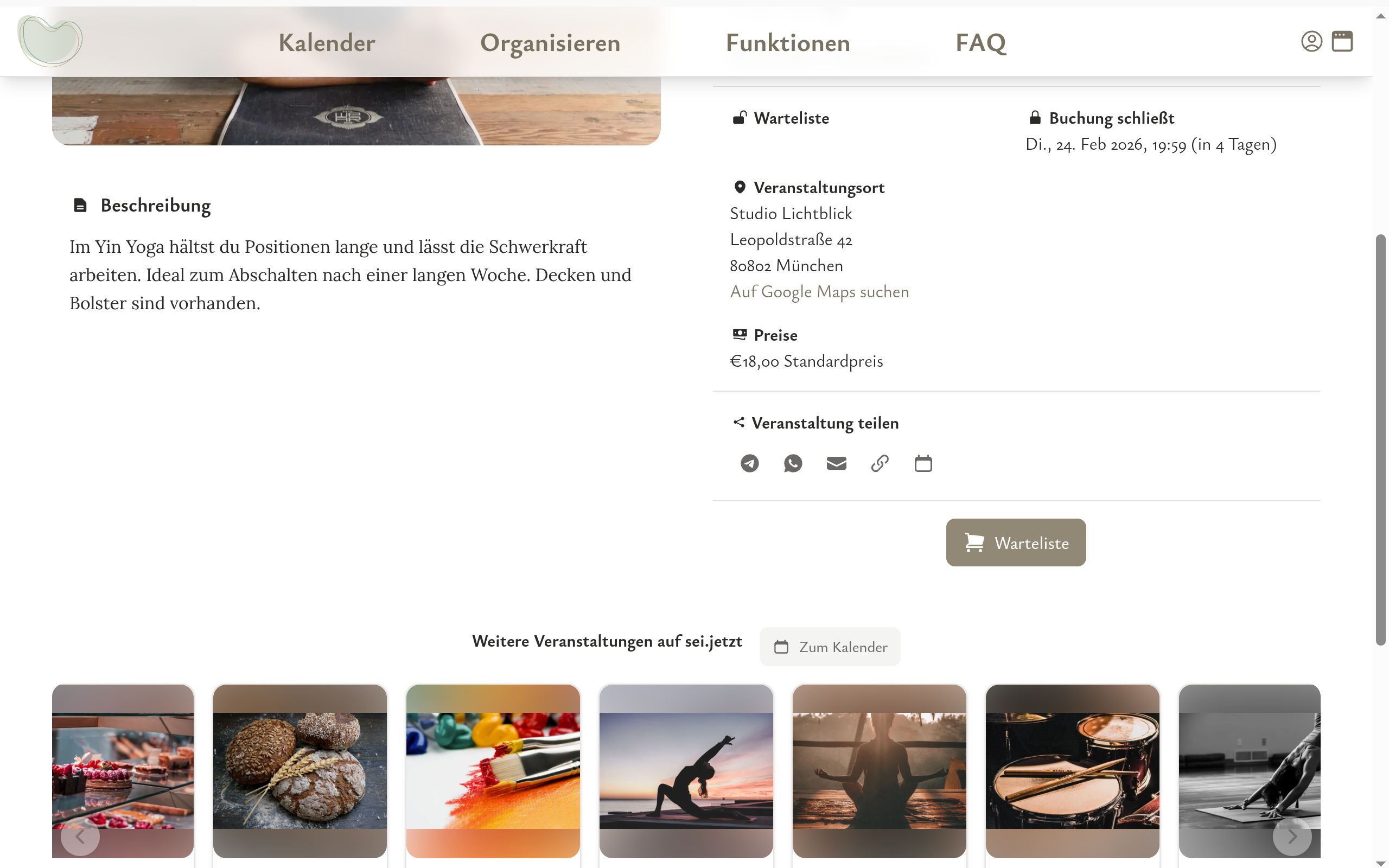 Detail einer ausgebuchten Veranstaltung mit aktivierter Wartelisten-Schaltfläche und Hinweis auf bald freie Plätze.
