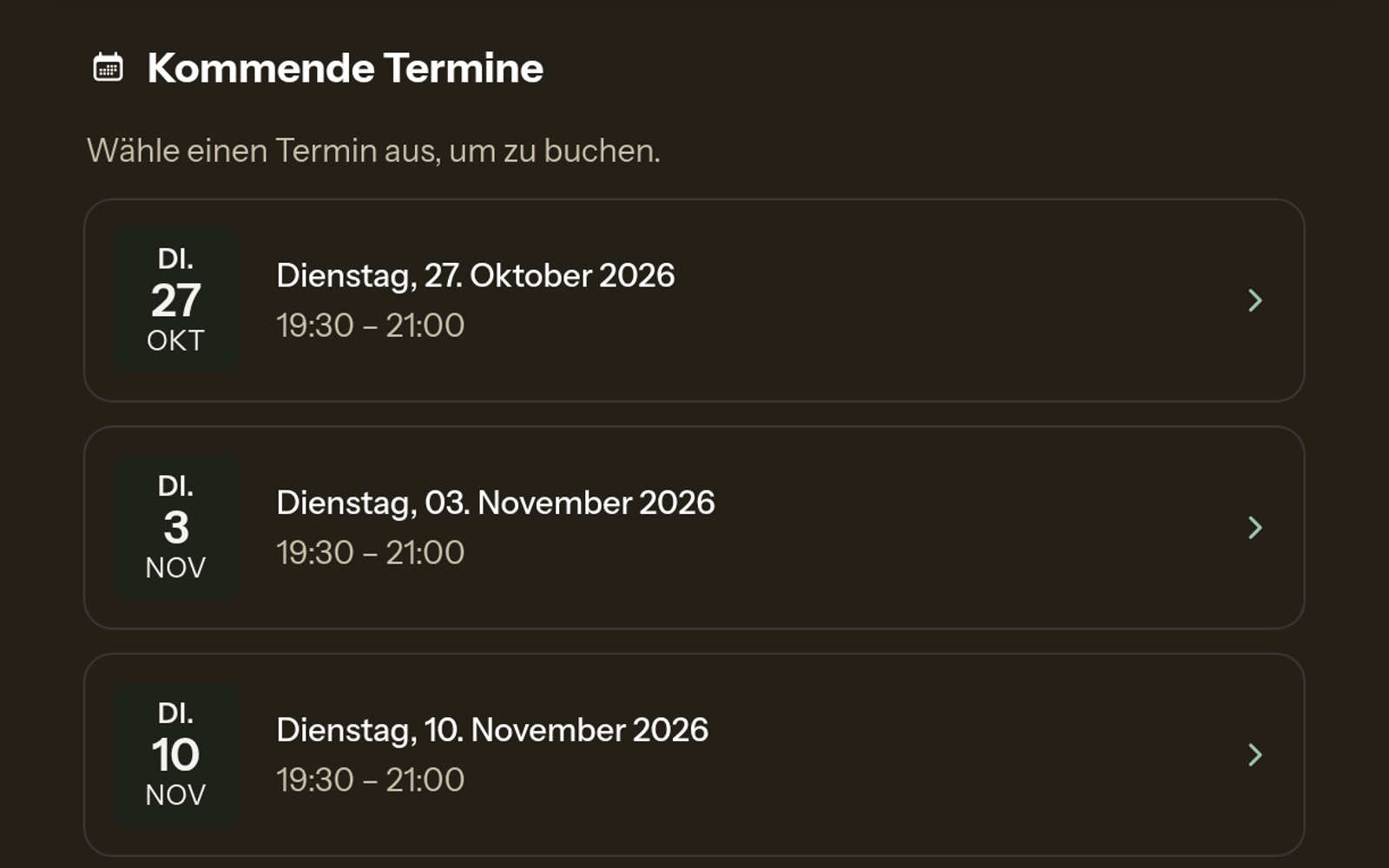Kommende wöchentliche Yogatermine einer Veranstaltungsreihe.