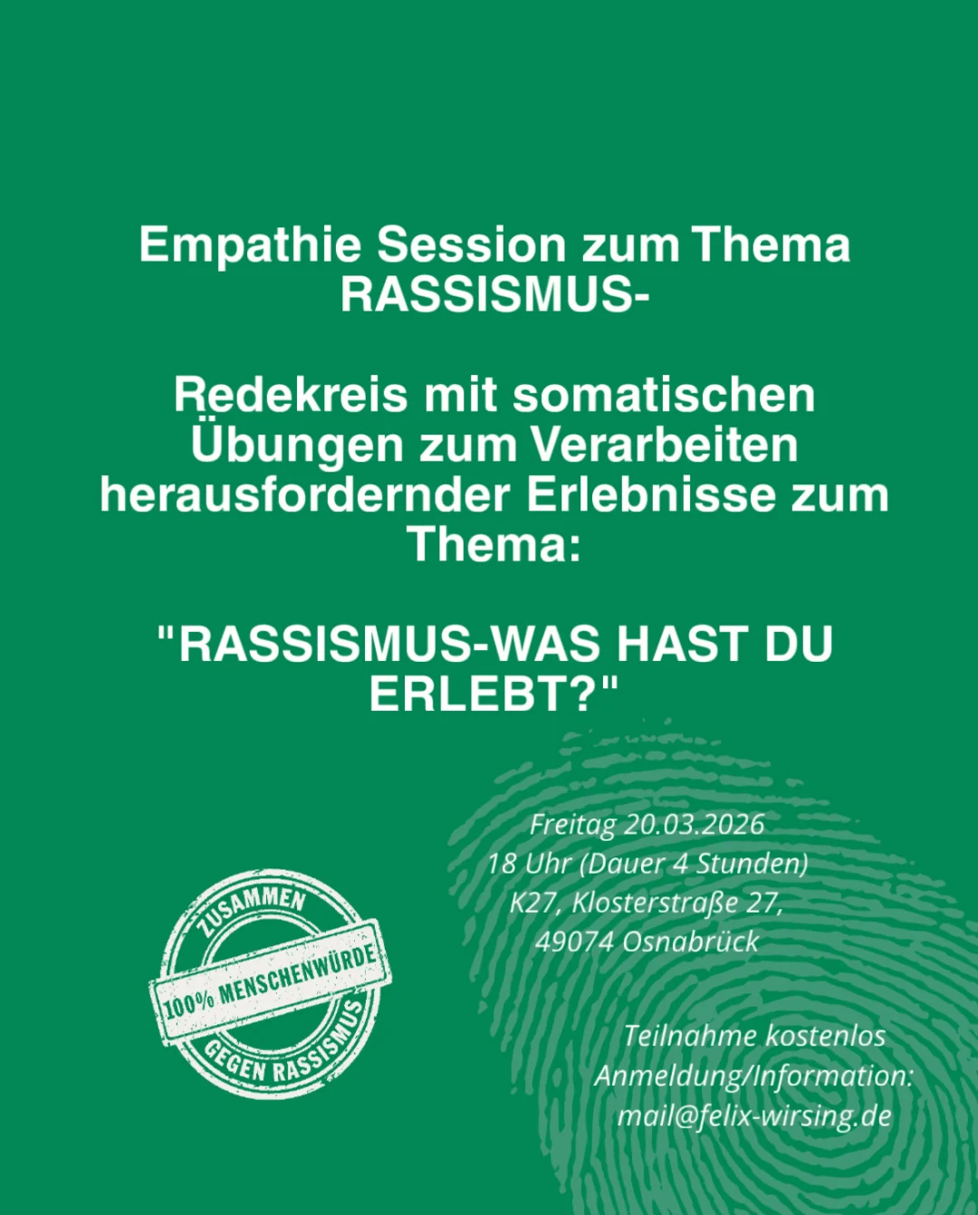 Empathie Session zum Thema Rassismus-Redekreis mit somatischen Übungen zum Verarbeiten herausfordernder Erlebnisse zum Thema: „Rassismus-Was hast du erlebt?“