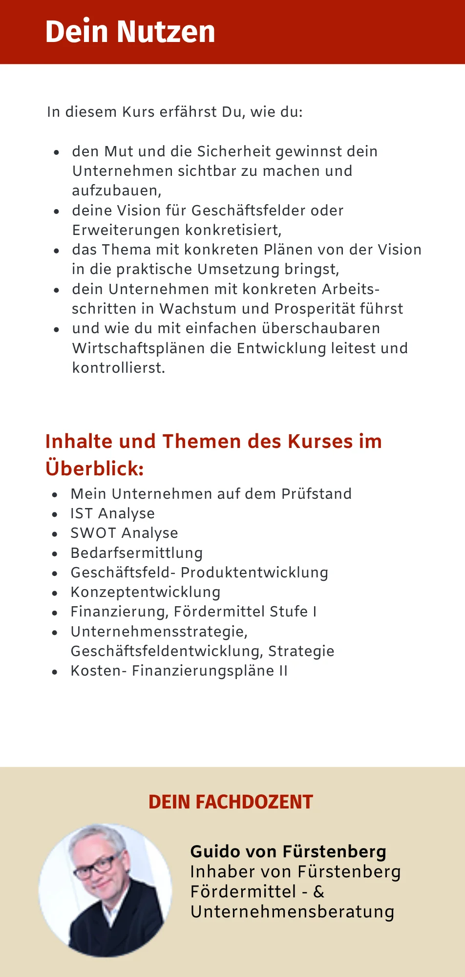 Kurs: Ist-Analyse - Geschäftsfeldentwicklung - Kosten Finanzierung Fördermittel für Soloselbstständige